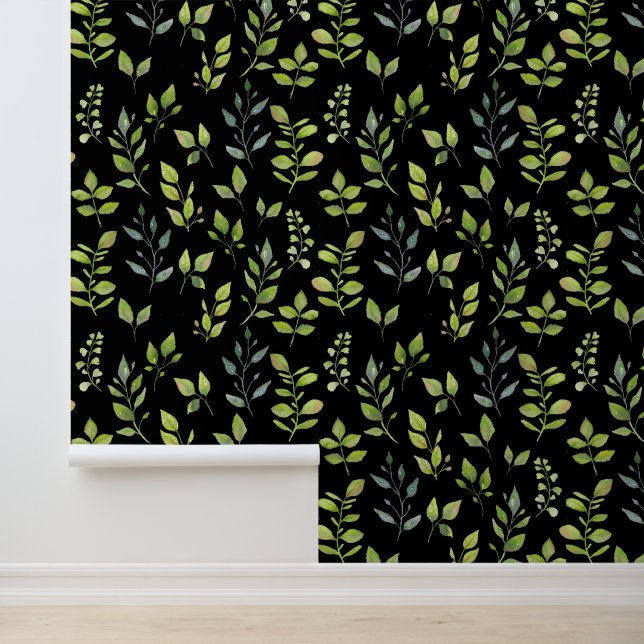 Simple Minimal Green Blue Leaf Pattern on Black Wallpaper (Application)
