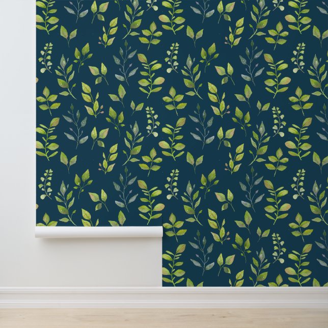 Simple Minimal Green Blue Leaf Pattern on Blue Wallpaper (Application)