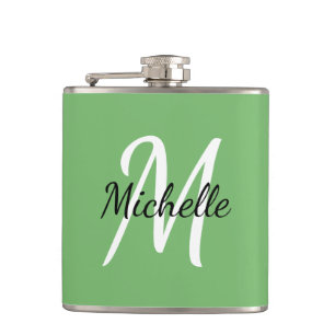 Simple Minimal Green Monogram Name + Initial Hip Flask
