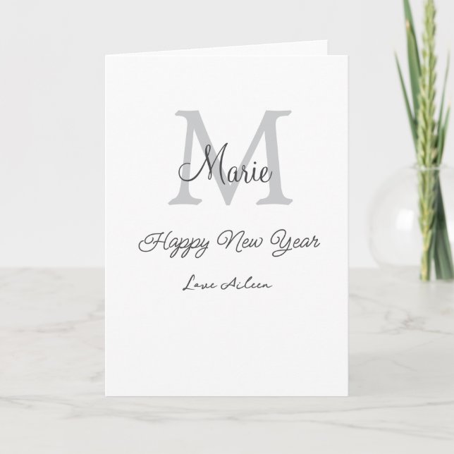 simple minimal happy new year monogram gray name  card (Front)