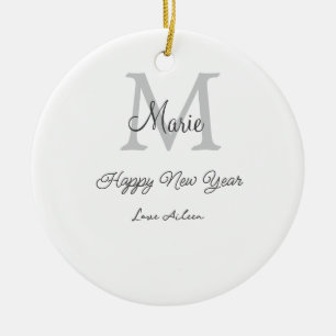 simple minimal happy new year monogram gray name ceramic tree decoration