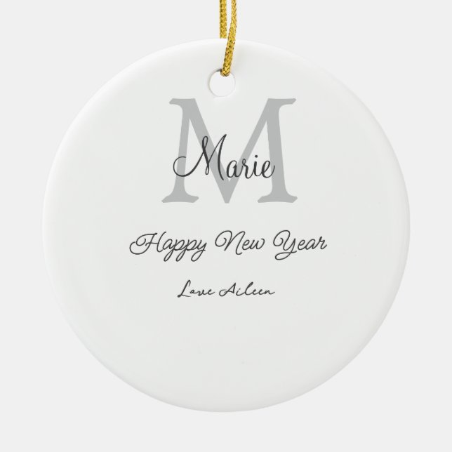 simple minimal happy new year monogram gray name  ceramic tree decoration (Front)