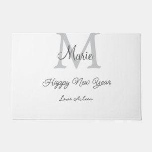 simple minimal happy new year monogram gray name doormat