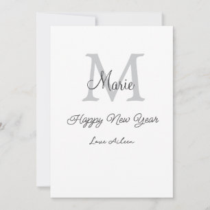 simple minimal happy new year monogram gray name holiday card