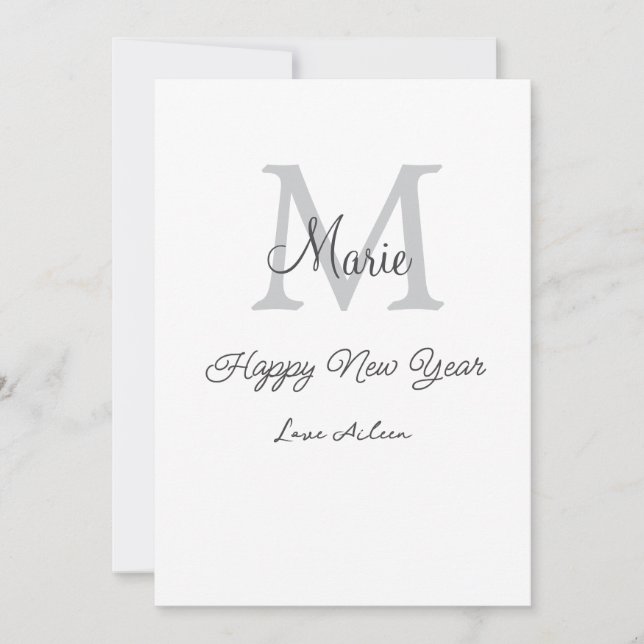 simple minimal happy new year monogram gray name  holiday card (Front)