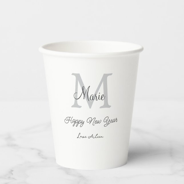 simple minimal happy new year monogram gray name  paper cups (Front)