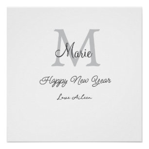 simple minimal happy new year monogram gray name  poster