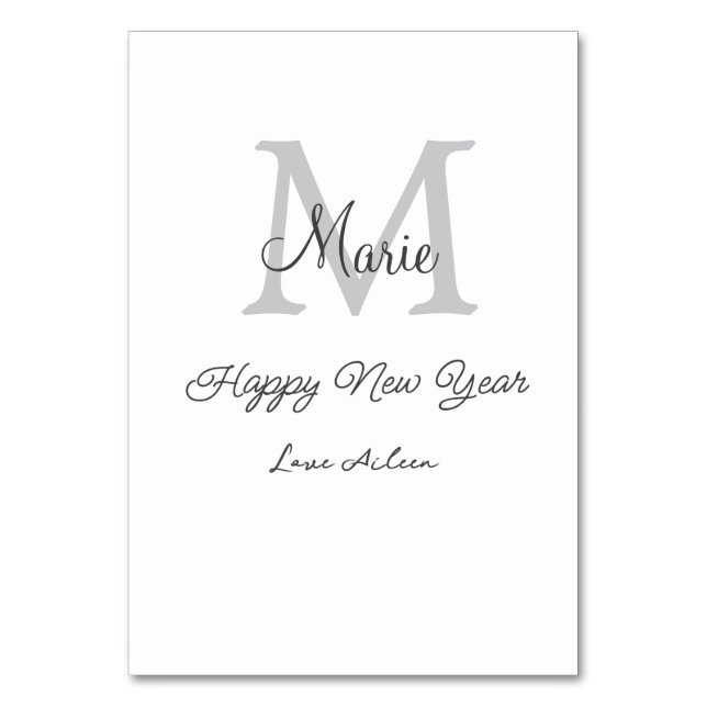 simple minimal happy new year monogram gray name  table number (Front)