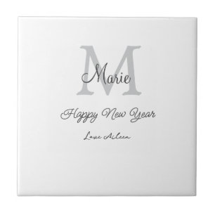 simple minimal happy new year monogram gray name  tile