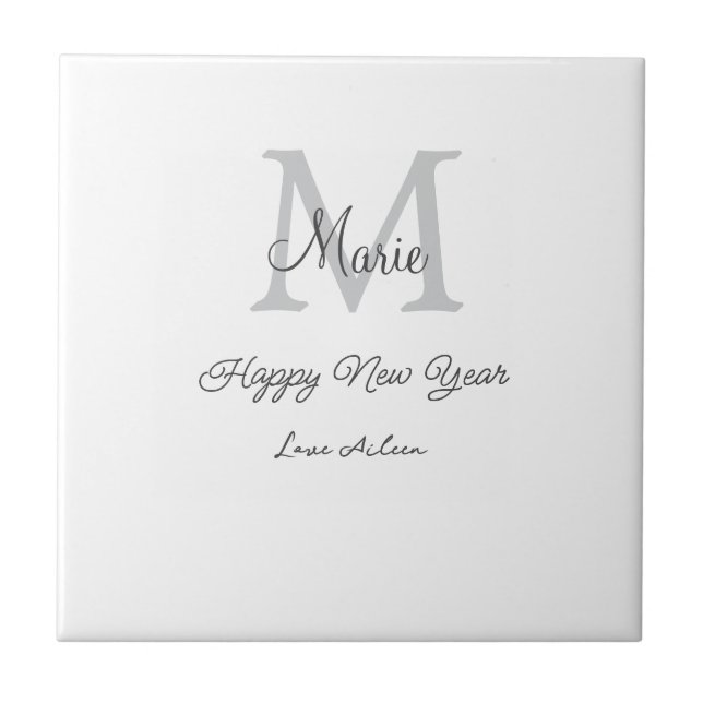 simple minimal happy new year monogram gray name  tile (Front)