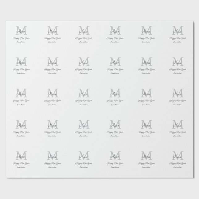 simple minimal happy new year monogram gray name  wrapping paper (Flat)