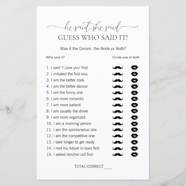 Simple Minimal He Said She Said Bridal Shower Game (Front)