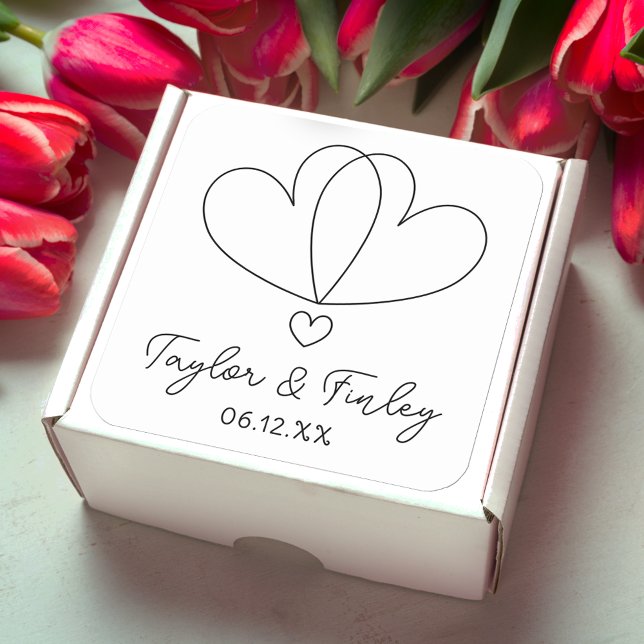   Simple Minimal Heart Modern Custom Names Wedding Square Sticker (Creator Uploaded)