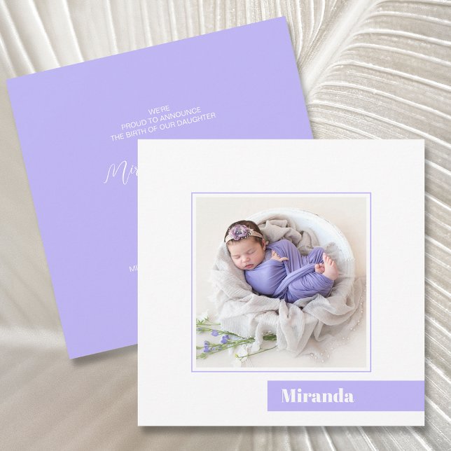 Simple Minimal Lavender Photo Birth Announcement (Creator Uploaded)