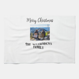 simple minimal merry Christmas add family name tex Tea Towel