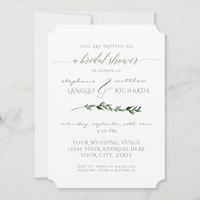 Simple Minimal Modern Leaf Greenery Bridal Shower Invitation (Front)