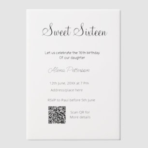 Simple minimal modern QR  Sweet sixteen birthday  Vellum Invitations