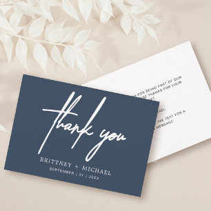 Simple Minimal Modern Script Dusty Navy Blue Thank You Card