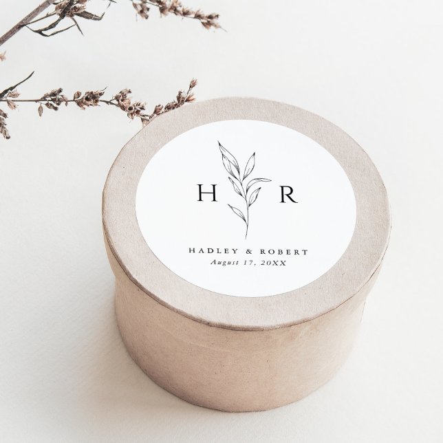 Simple Minimal Monogram Botanical Wedding Classic Round Sticker (Creator Uploaded)