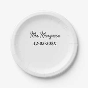 simple minimal monogram mrs Mr name date year Thro Paper Plate