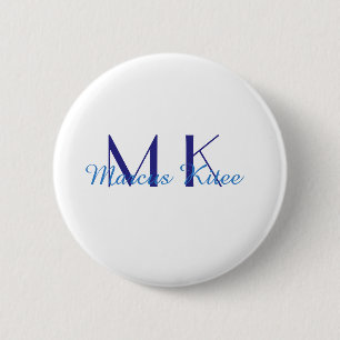 simple minimal monogram personalised name blue ret 6 cm round badge