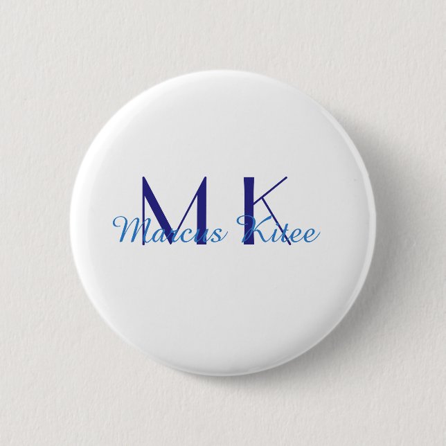 simple minimal monogram personalised name blue ret 6 cm round badge (Front)