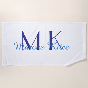 simple minimal monogram personalised name blue ret beach towel