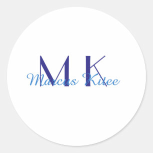 simple minimal monogram personalised name blue ret classic round sticker