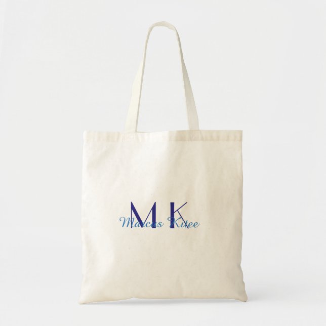 simple minimal monogram personalised name blue ret tote bag (Front)