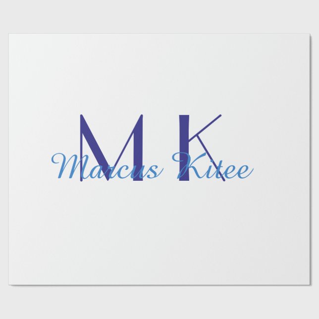 simple minimal monogram personalised name blue ret wrapping paper (Flat)