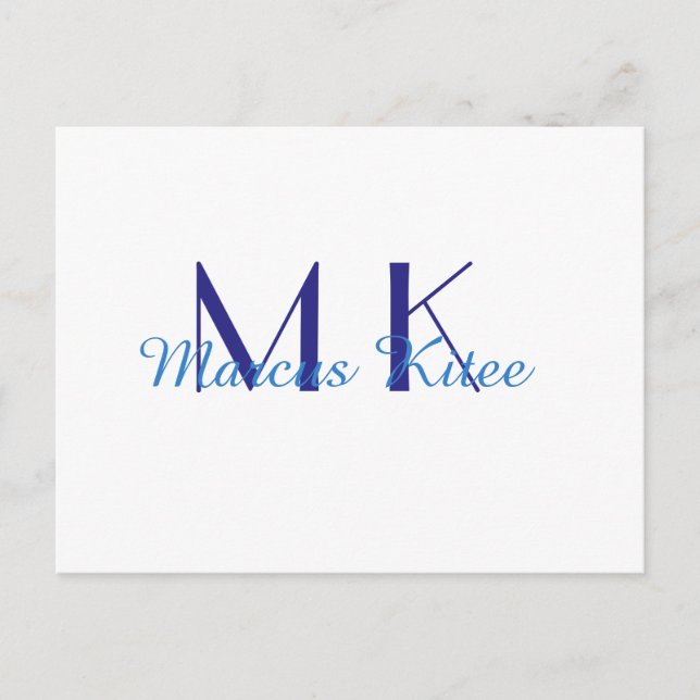 simple minimal monogram personalized name blue ret postcard (Front)