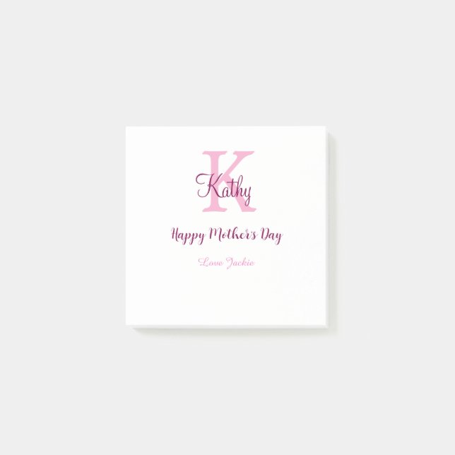 simple minimal mother's day monogram pink name tex post-it notes (Front)