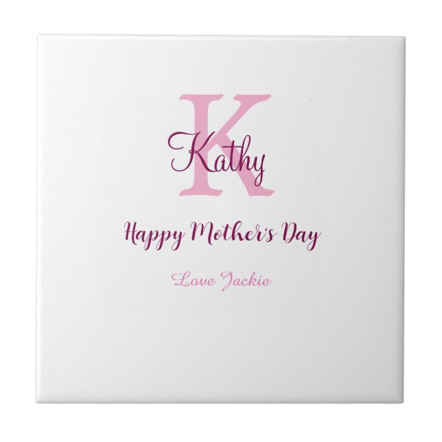 simple minimal mother's day monogram pink name tex tile (Front)