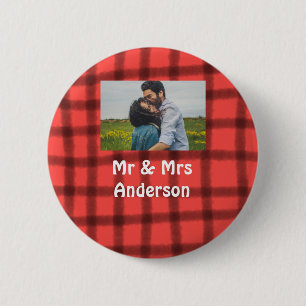 Simple minimal mr and mrs add your name photo red 6 cm round badge