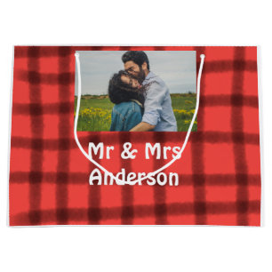 Simple minimal mr and mrs add your name photo red large gift bag