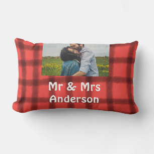 Simple minimal mr and mrs add your name photo red lumbar cushion
