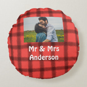 Simple minimal mr and mrs add your name photo red round cushion