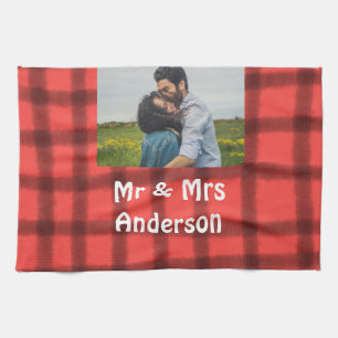 Simple minimal mr and mrs add your name photo red tea towel