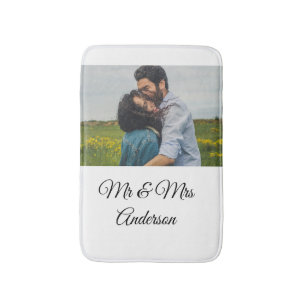 Simple minimal mr and mrs add your name photo wedd bath mat