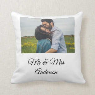 Simple minimal mr and mrs add your name photo wedd cushion