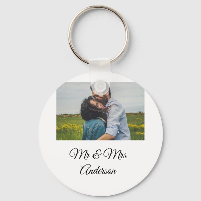 Simple minimal mr and mrs add your name photo wedd key ring (Front)