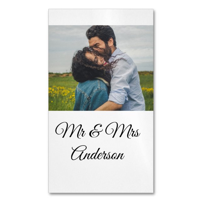Simple minimal mr and mrs add your name photo wedd magnetic business card (Front Vertical)