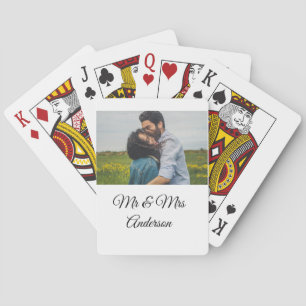 Simple minimal mr and mrs add your name photo wedd playing cards