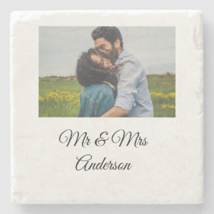 Simple minimal mr and mrs add your name photo wedd stone coaster