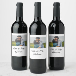 Simple minimal mr and mrs add your name photo wedd wine label