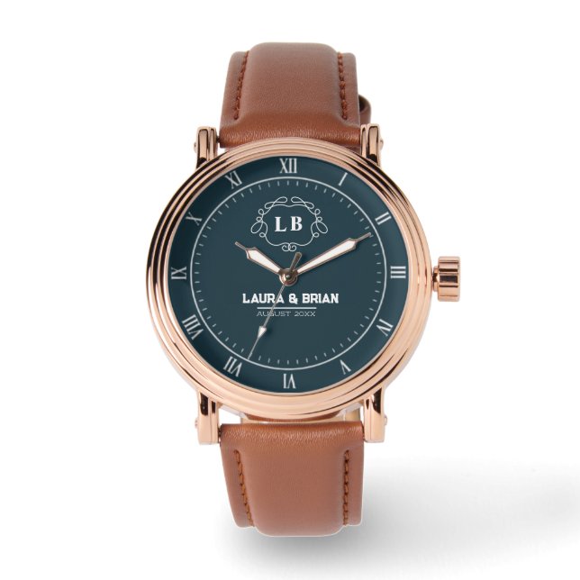 Simple Minimal navy blue Monogram couple names Watch (Front)