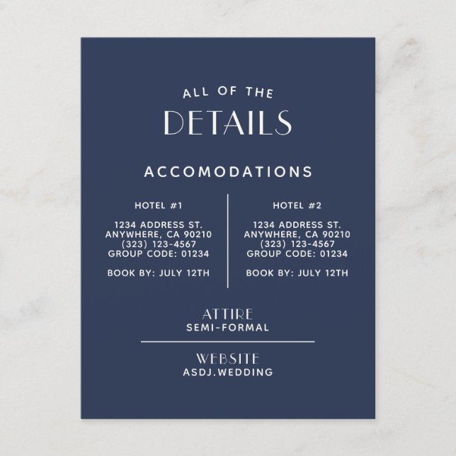 Simple Minimal Navy Ecru Wedding Details Enclosure Card (Front)