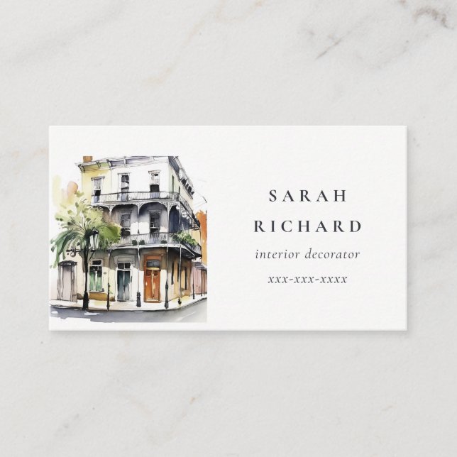 Simple Minimal New Orleans Louisiana Watercolor Business Card (Front)