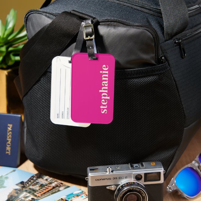Simple Minimal Personalised Hot Pink Luggage Tag (Front & Back)