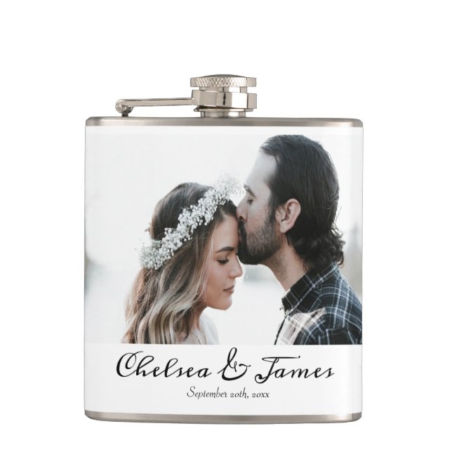 Simple Minimal Photo Name Wedding  Hip Flask (Front)